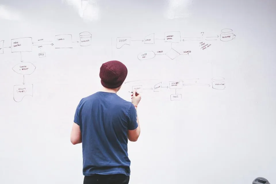 Engineer sketching a system flowchart on a whiteboard